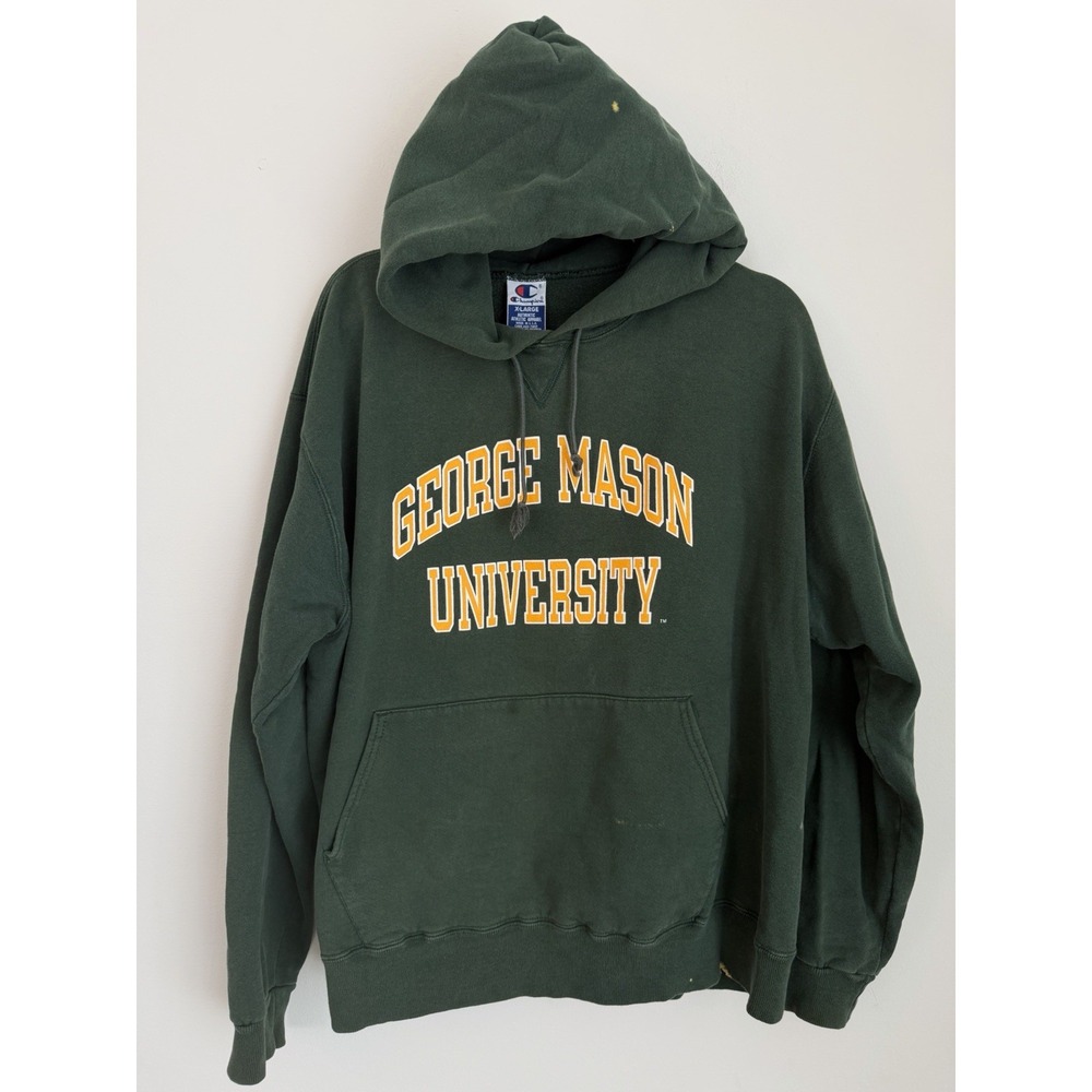 VTG 90s Champion George Mason University Hoodie Thrashed Green Made in USA